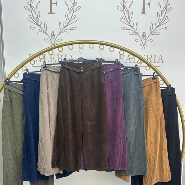 Düğme Detay Geniş Paça Fitilli Kadife Pantolon